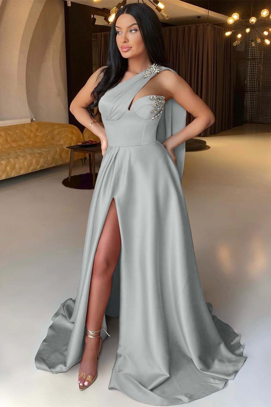 Orange A Line Prom Dress Sleeveless One Shoulder Formal Dress With Beadings and Rhinestones