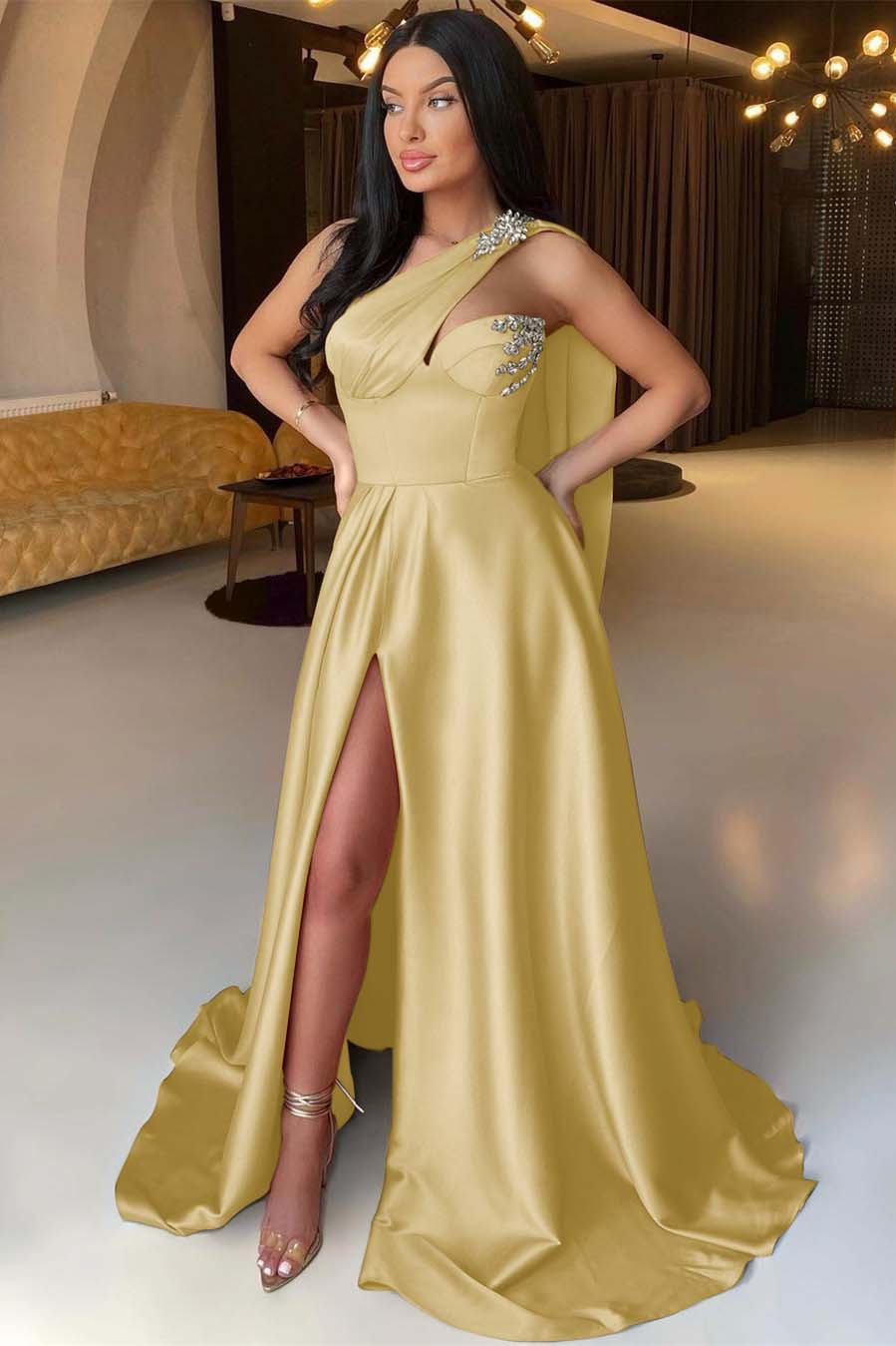 Orange A Line Prom Dress Sleeveless One Shoulder Formal Dress With Beadings and Rhinestones