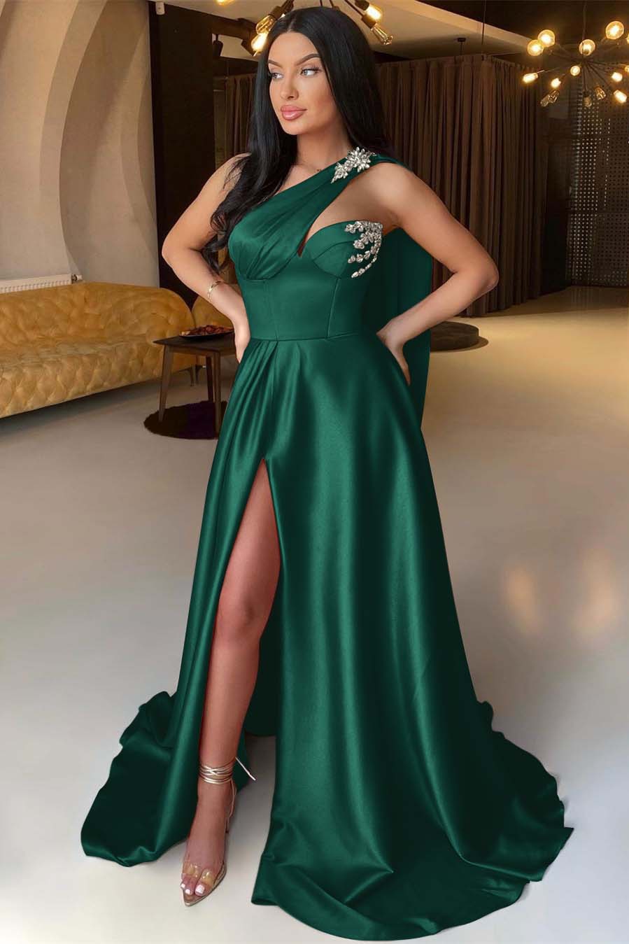 Orange A Line Prom Dress Sleeveless One Shoulder Formal Dress With Beadings and Rhinestones
