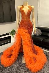 Orange Beaded Prom Dress Tulle Ruffles Sequined Formal Dress