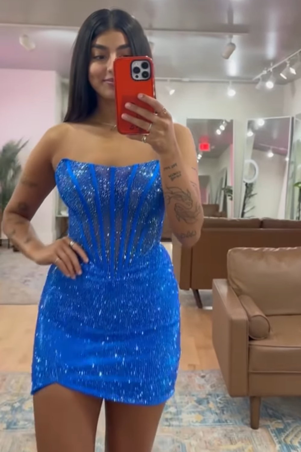 Orange Corset Tight Homecoming Dresses Beaded Strapless Short Cocktail Dresses