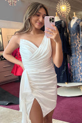 Orange Homecoming Dress One Shoulder Tight Satin Prom Dress with Slit
