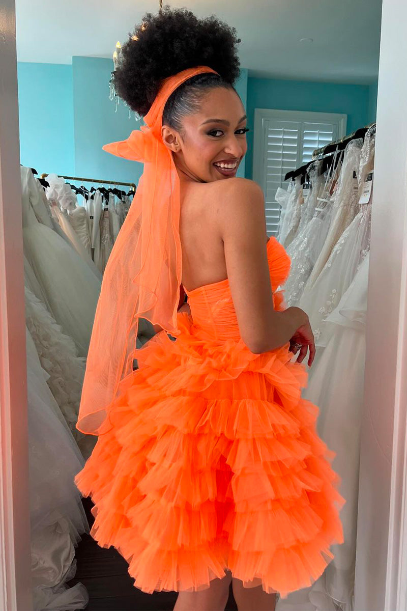 Orange Homecoming Dress Strapless Ruffle Tiered Tulle Short Party Cocktail Dress