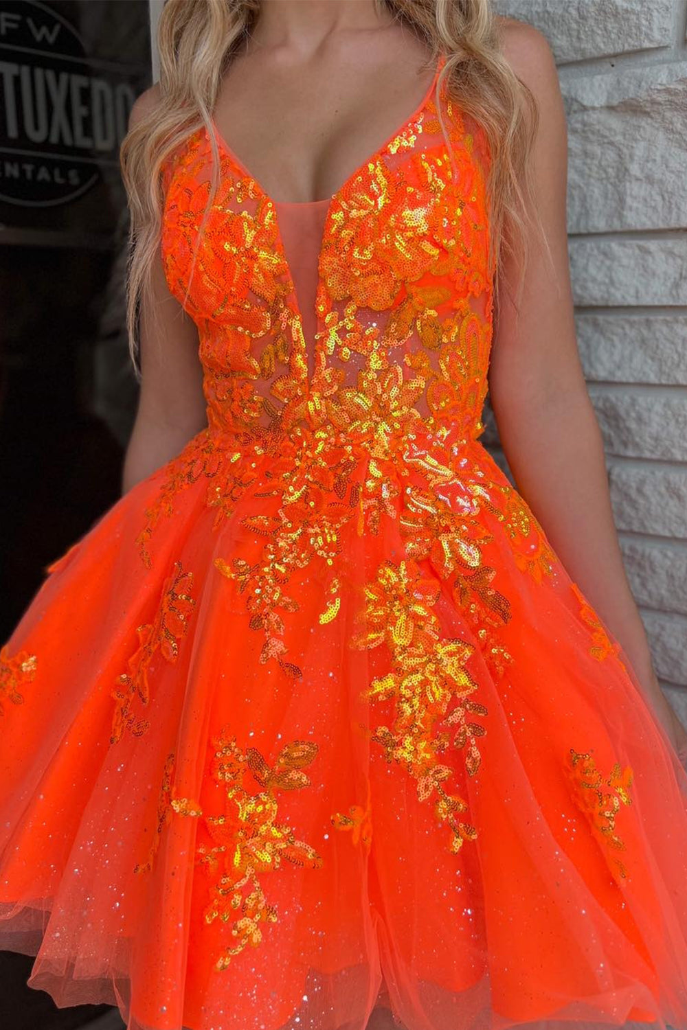 Orange Homecoming Dresses A-Line Spaghetti Straps Short Cocktail Dresses with Sequin