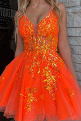 Orange Homecoming Dresses A-Line Spaghetti Straps Short Cocktail Dresses with Sequin