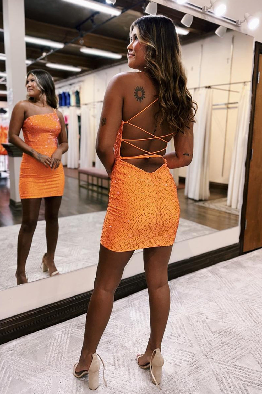 Orange Homecoming Dresses Beaded One Shoulder Sequin Tight Cocktail Dresses