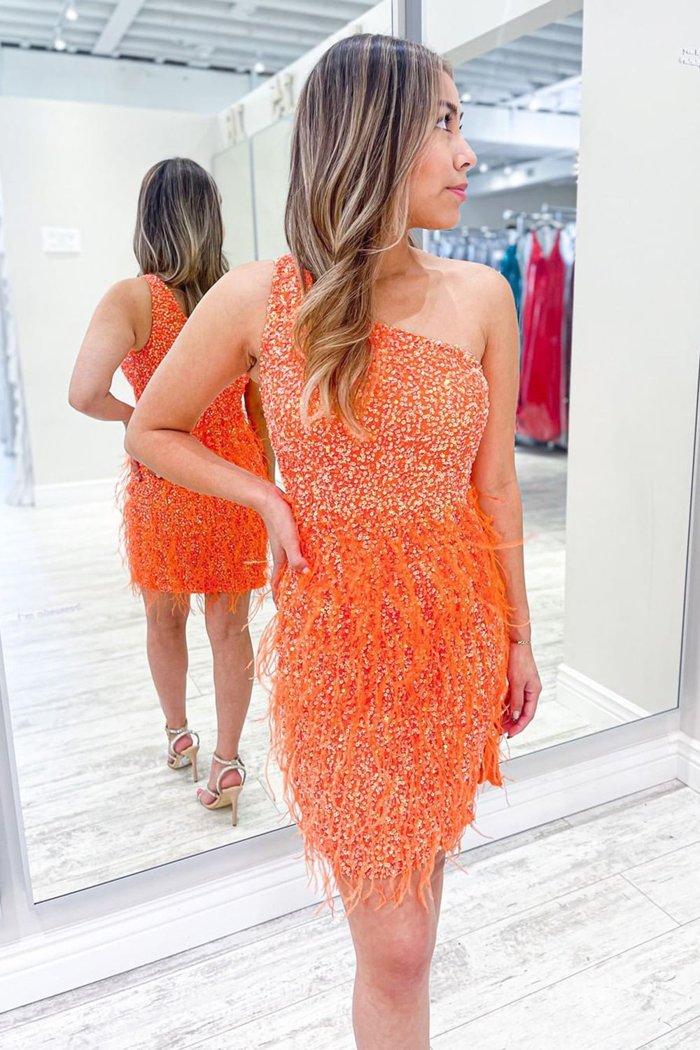 Orange Homecoming Dresses One Shoulder Sequin Tight Cocktail Dresses with Feathers