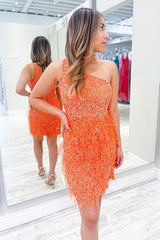 Orange Homecoming Dresses One Shoulder Sequin Tight Cocktail Dresses with Feathers