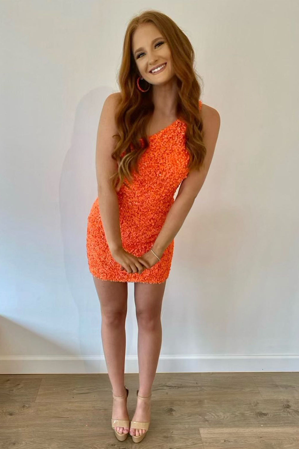Orange Homecoming Dresses One Shoulder Sequined Cocktail Dresses