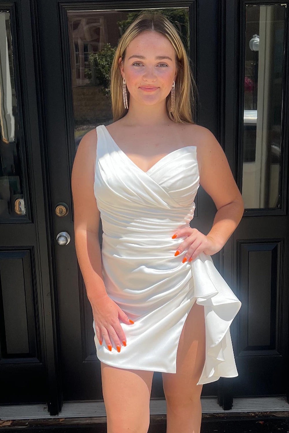 Orange Homecoming Dresses One Shoulder Tight Satin Cocktail Dresses with Slit