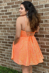Orange Homecoming Dresses Sequin A-Line Short Cocktail Dresses with Pockets