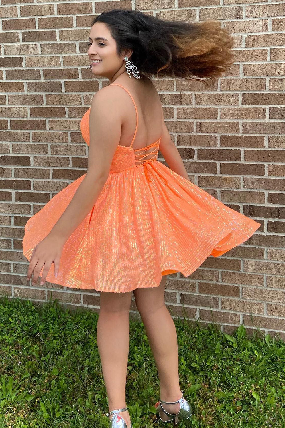 Orange Homecoming Dresses Sequin A-Line Short Cocktail Dresses with Pockets