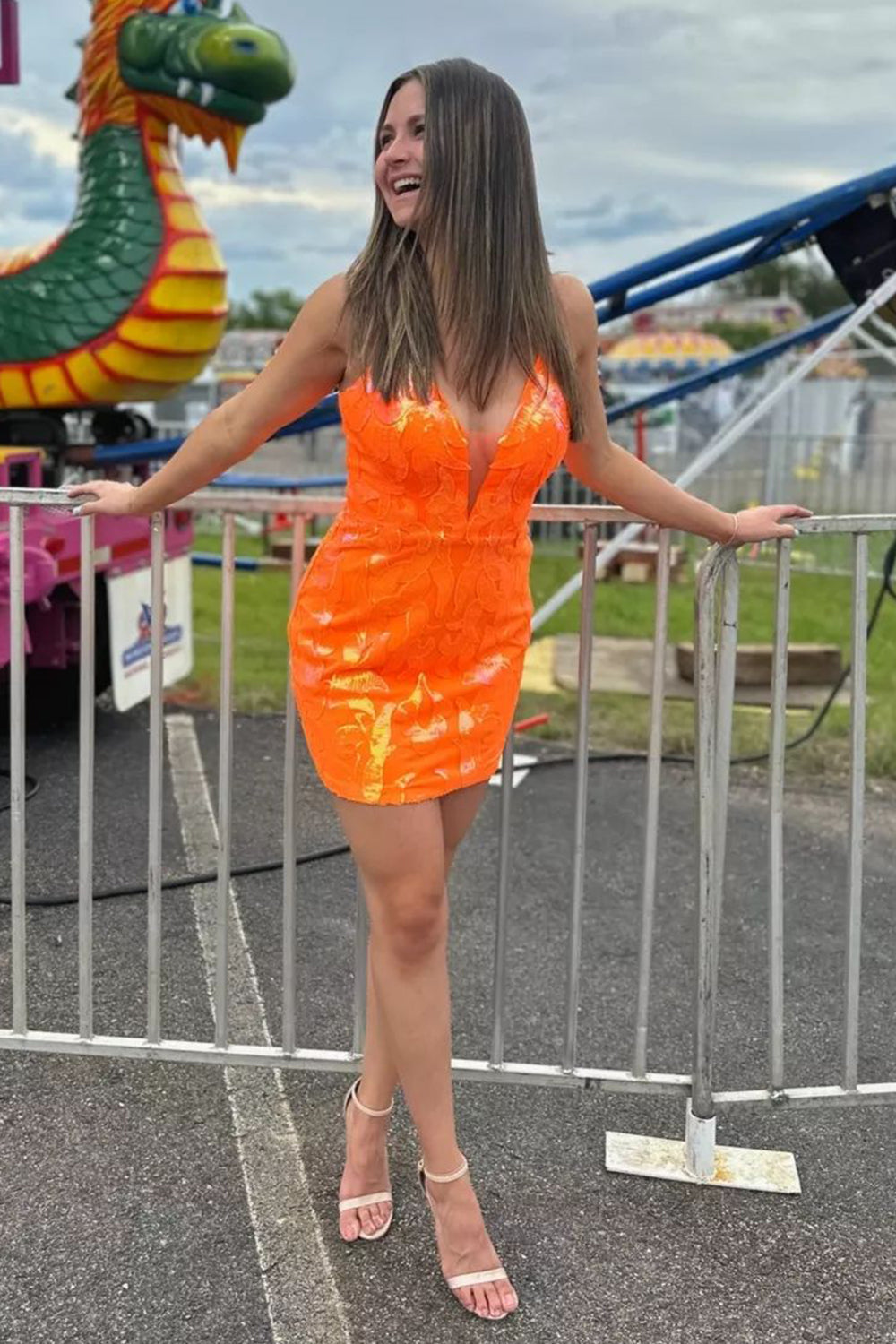 Orange Homecoming Dresses Sequin Lace-Up Back Tight Short Cocktail Dresses