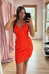 Orange Homecoming Dresses Sequin Tight Short Cocktail Dresses with Feathers