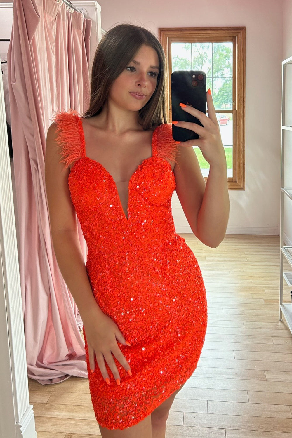 Orange Homecoming Dresses Sequin Tight Short Cocktail Dresses with Feathers