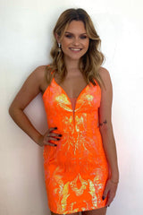Orange Homecoming Dresses Sequined Backless Tight Short Cocktail Dresses