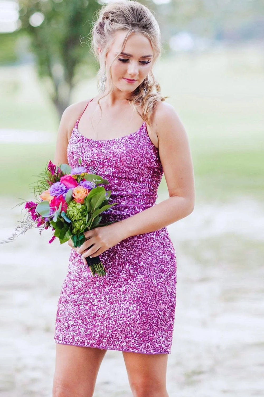 Orange Homecoming Dresses Spaghetti Straps Backless Sequin Tight Cocktail Dresses