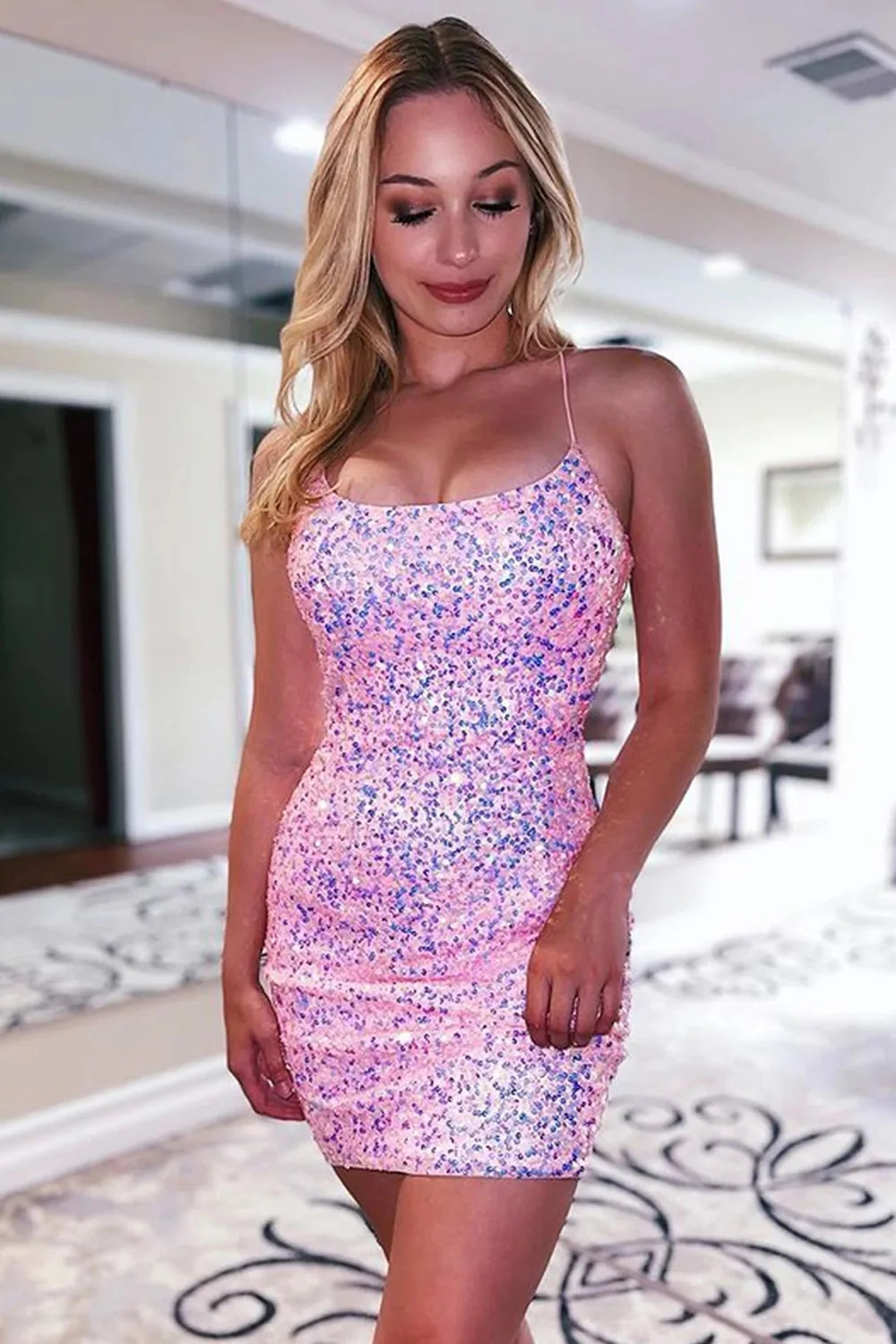 Orange Homecoming Dresses Spaghetti Straps Backless Sequin Tight Cocktail Dresses