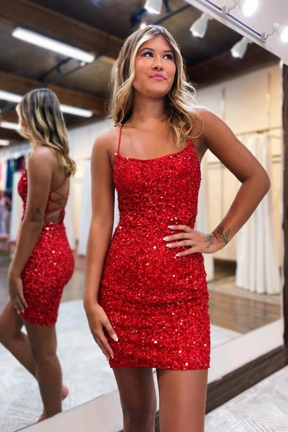 Orange Homecoming Dresses Spaghetti Straps Backless Sequin Tight Cocktail Dresses
