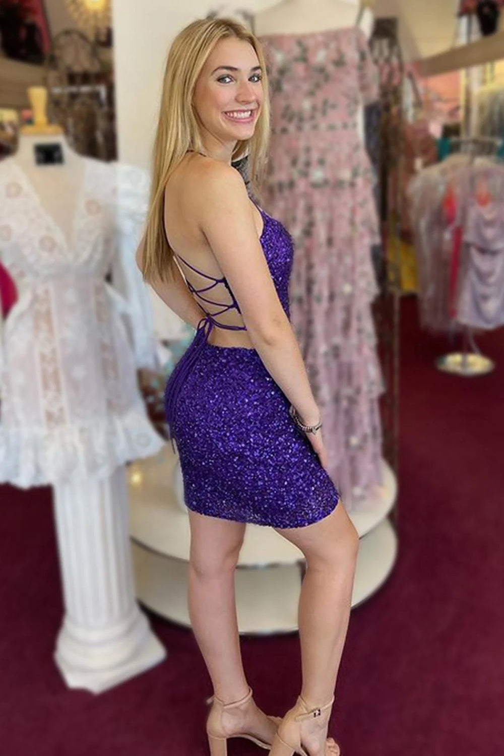 Orange Homecoming Dresses Spaghetti Straps Backless Sequin Tight Cocktail Dresses