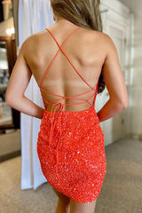 Orange Homecoming Dresses Spaghetti Straps Tight Sequin Cocktail Dresses