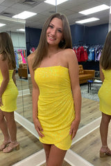 Orange Homecoming Dresses Strapless Sequin Tight Short Hoco Dresses