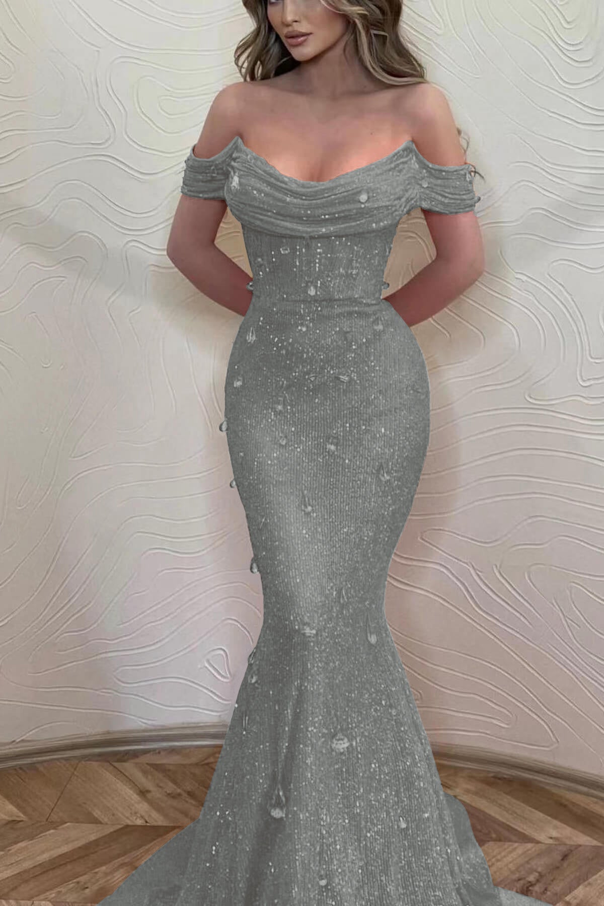 Orange Mermaid Prom Dress Cap Sleeve Off the Shoulder Formal Dress