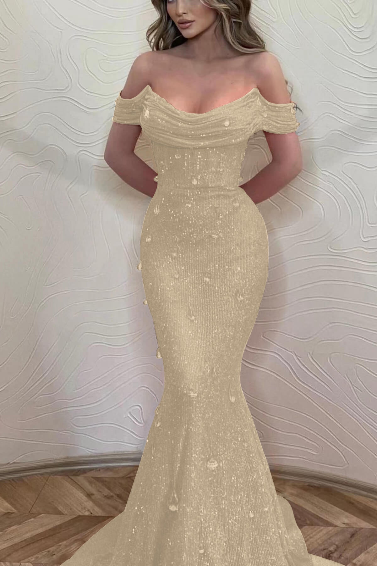 Orange Mermaid Prom Dress Cap Sleeve Off the Shoulder Formal Dress
