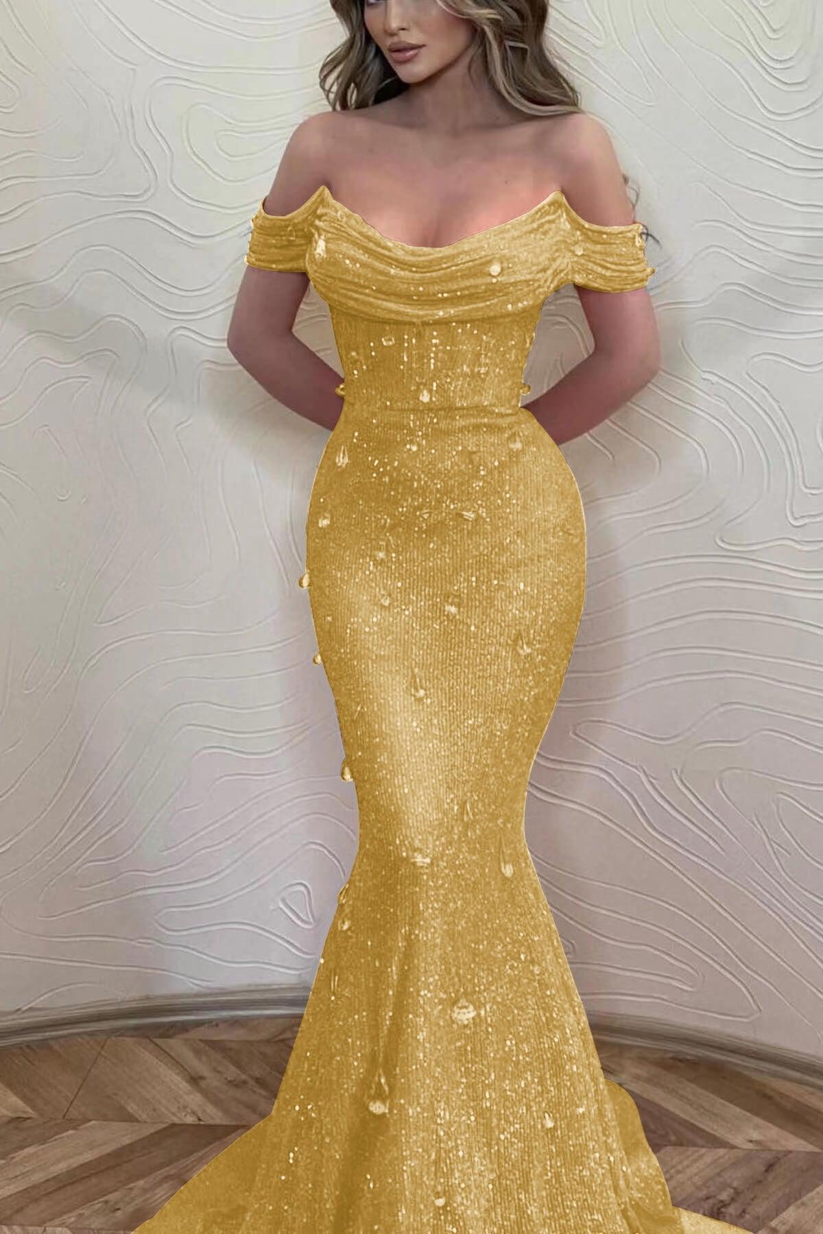 Orange Mermaid Prom Dress Cap Sleeve Off the Shoulder Formal Dress