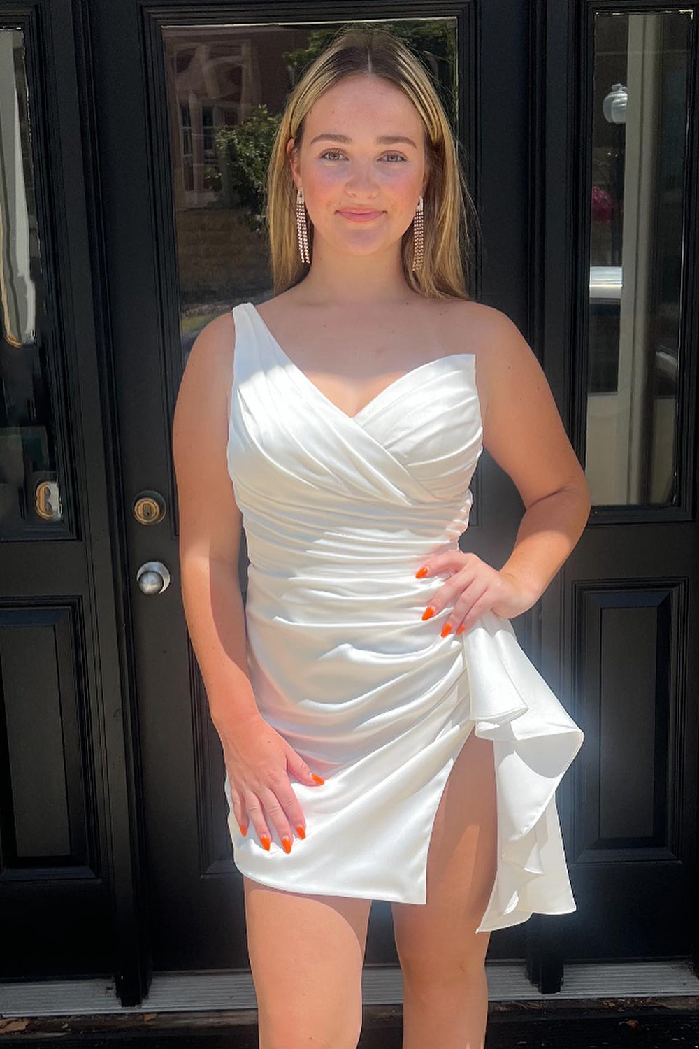 Orange One Shoulder Satin Tight Homecoming Dresses Short Cocktail Dresses With Slit