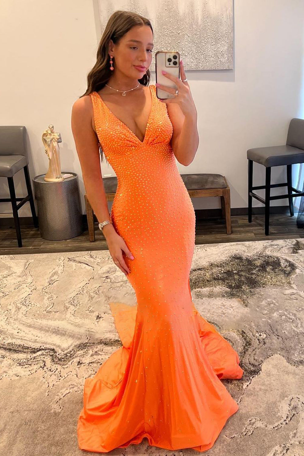 Orange Prom Dress Beaded Mermaid Long Evening Dress