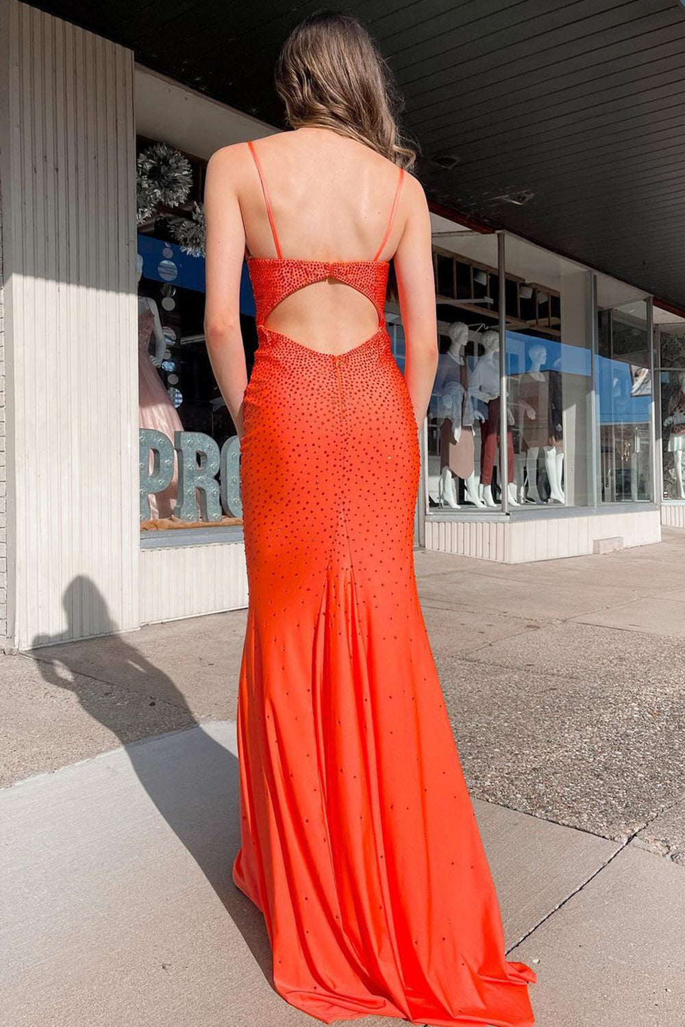 Orange Prom Dress Beaded Open Back Long Evening Dress