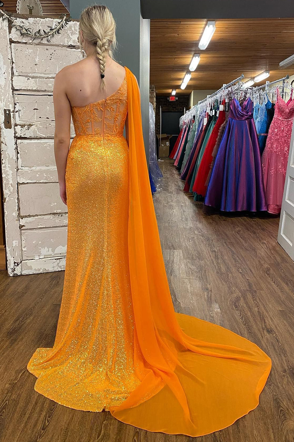 Orange Prom Dress Corset One Shoulder Long Evening Dress with Deatchable Train