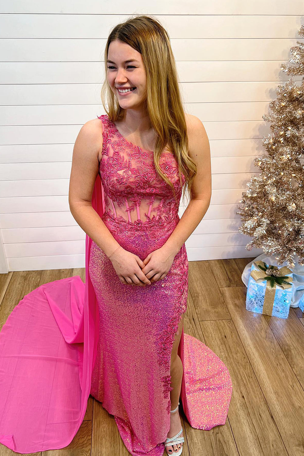 Orange Prom Dress Corset One Shoulder Long Evening Dress with Deatchable Train