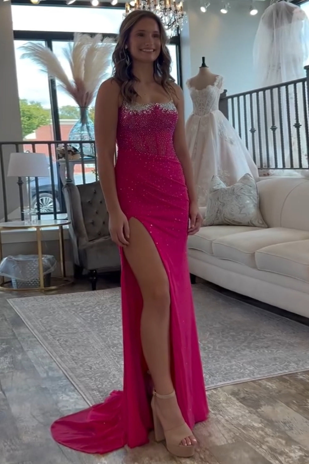 Orange Prom Dress Corset Spaghetti Straps Long Evening Dress with Slit