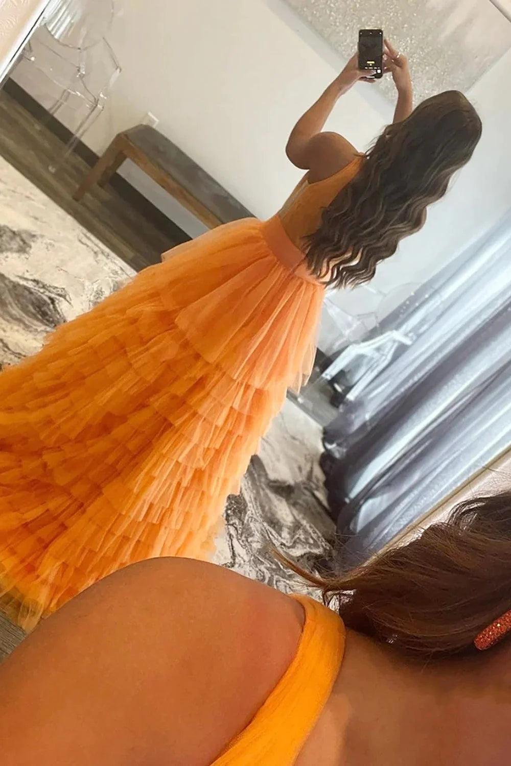 Orange Prom Dress Deep V Neck Tiered Evening Dress