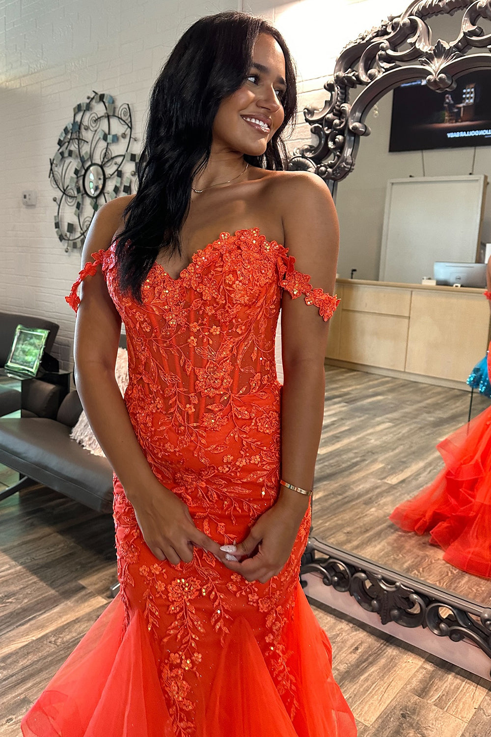 Orange Prom Dress Floral Mermaid Off The Shoulder Long Evening Dress