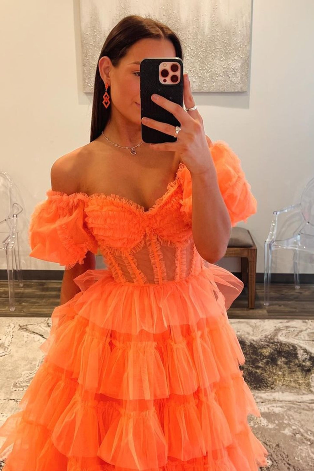 Orange Prom Dress Off The Shoulder Ruffled Long Evening Dress with Slit