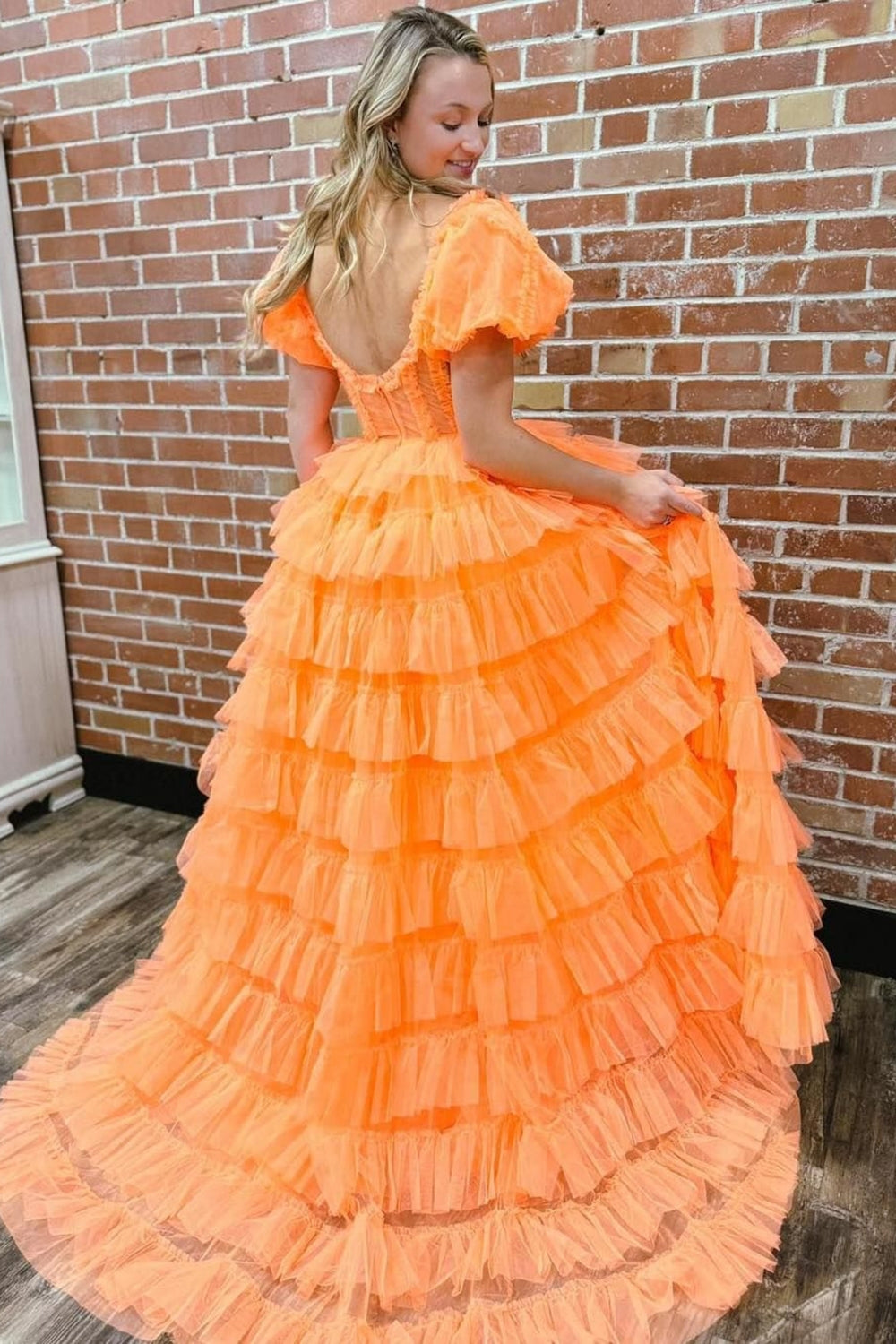 Orange Prom Dress Off The Shoulder Ruffled Long Evening Dress with Slit