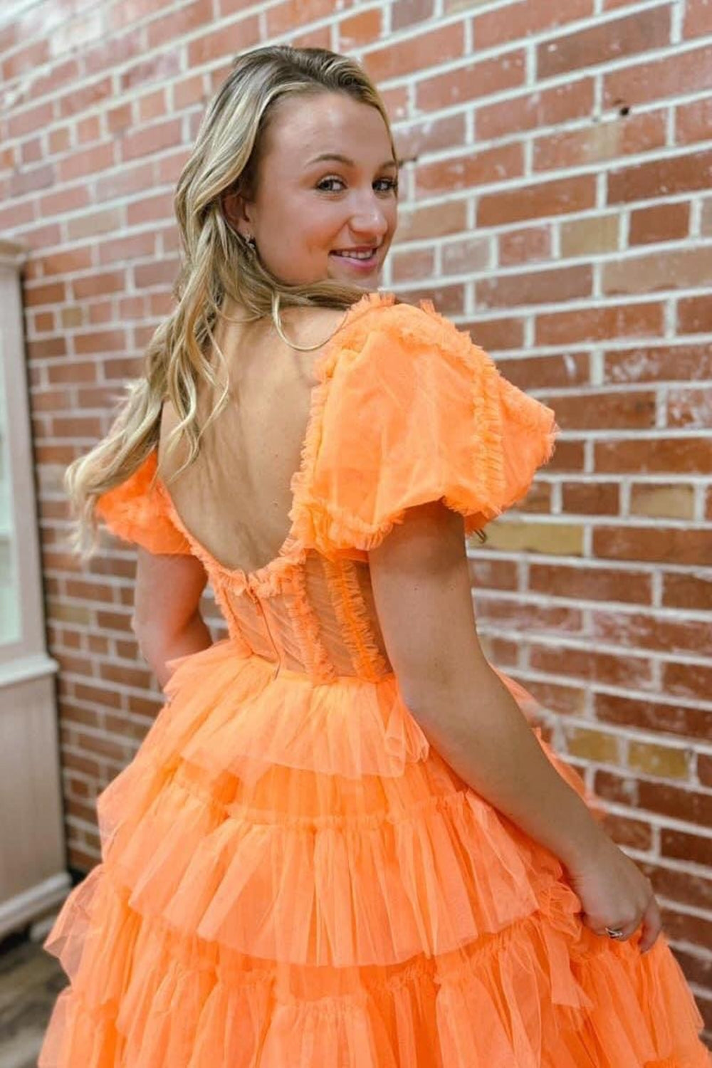 Orange Prom Dress Off The Shoulder Ruffled Long Evening Dress with Slit