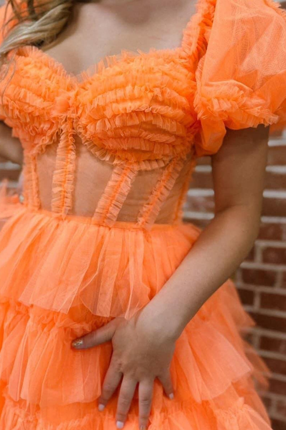 Orange Prom Dress Off The Shoulder Ruffled Long Evening Dress with Slit