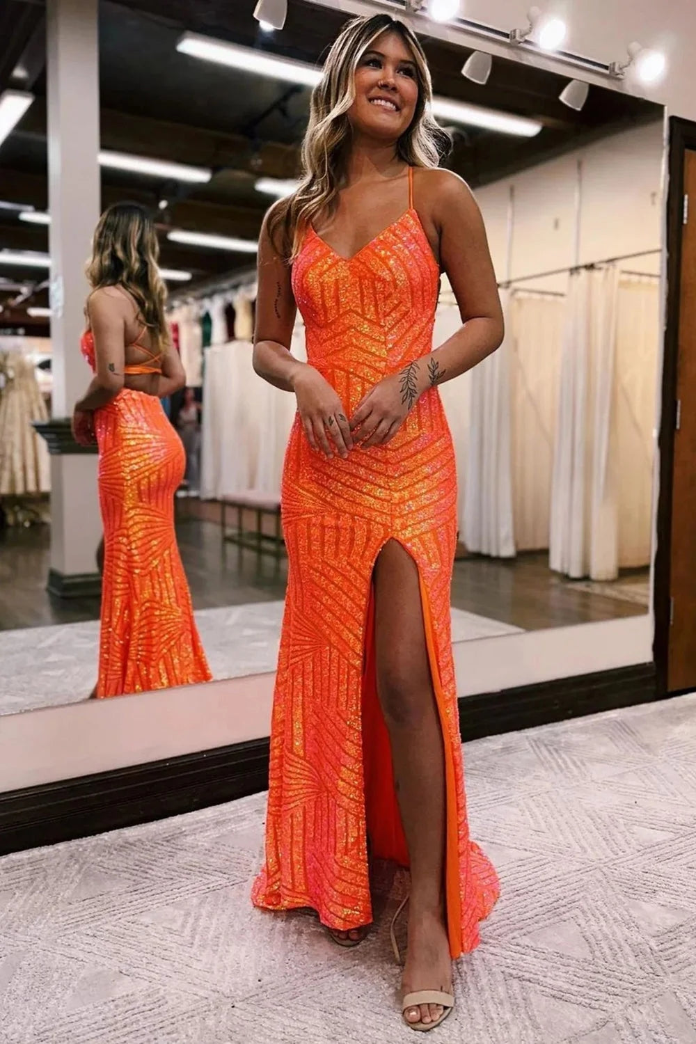 Orange Prom Dress Open Back Sequined Long Evening Dress with Slit