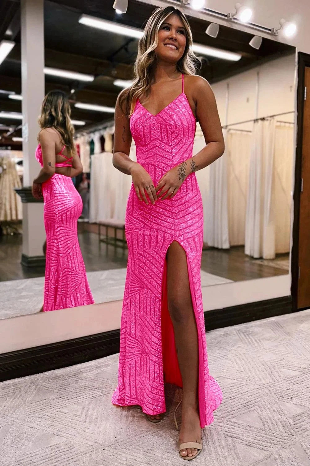 Orange Prom Dress Open Back Sequined Long Evening Dress with Slit