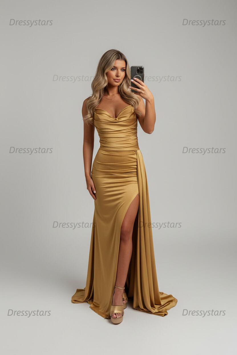Orange Prom Dress Ruched Mermaid Side Cape Long Formal Dress With Slit