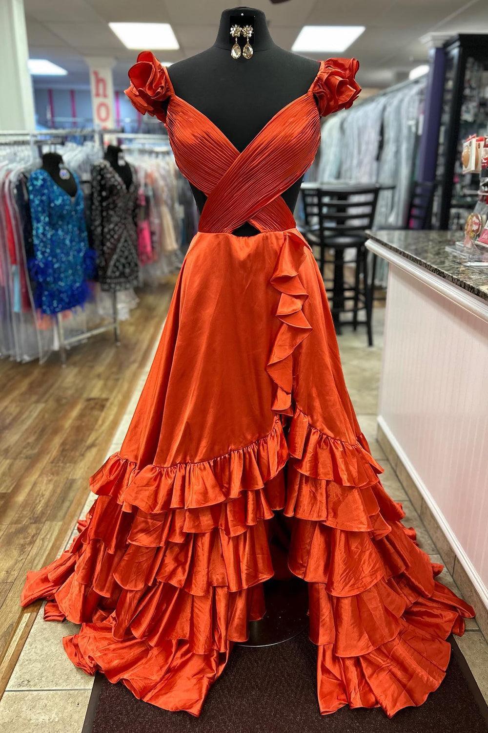 Orange Prom Dress Ruffled Satin Hollow Out Long Evening Dress
