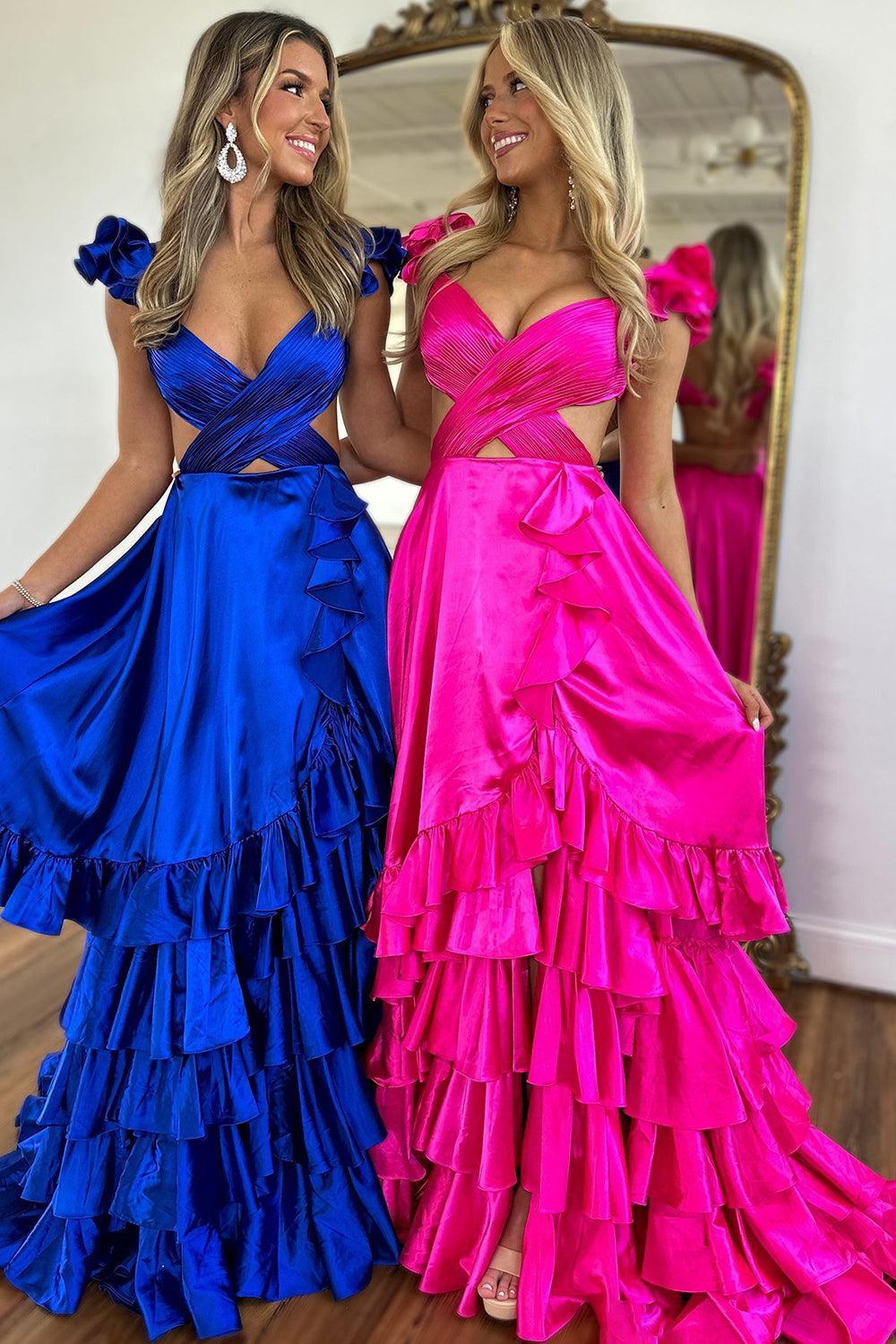 Orange Prom Dress Ruffled Satin Hollow Out Long Evening Dress