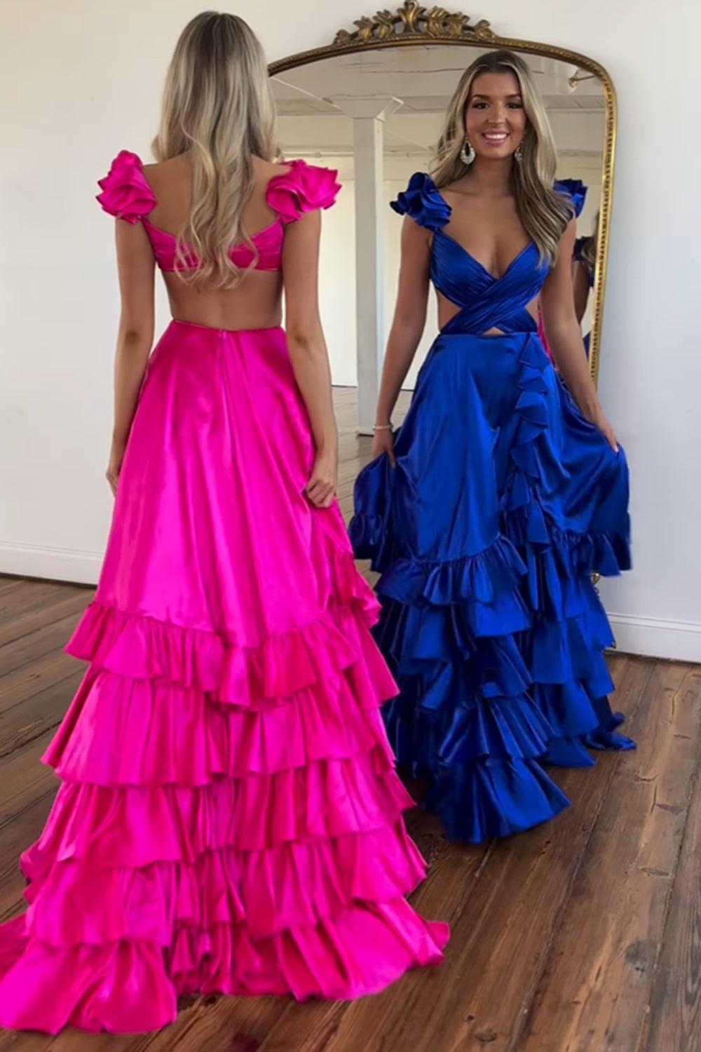 Orange Prom Dress Ruffled Satin Hollow Out Long Evening Dress