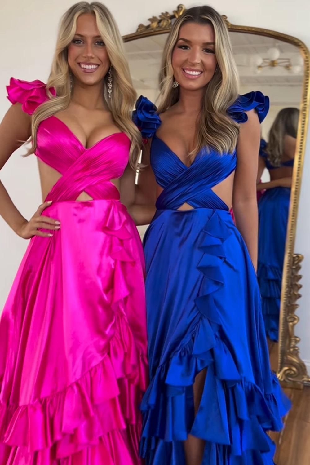 Orange Prom Dress Ruffled Satin Hollow Out Long Evening Dress