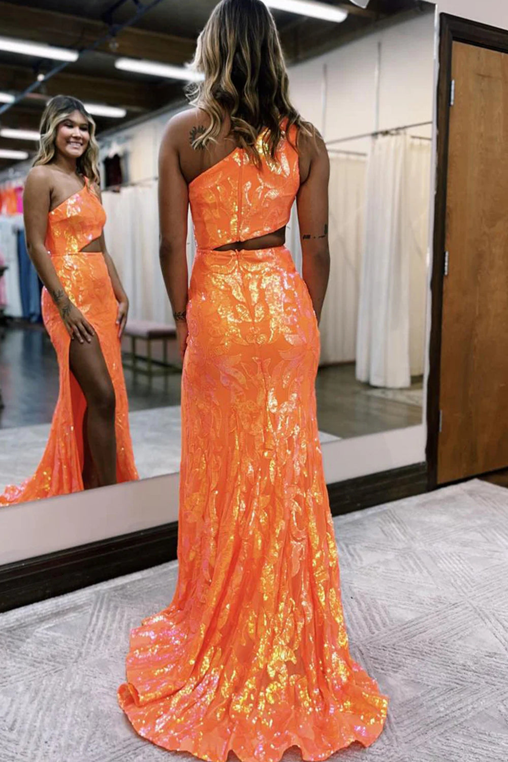 Orange Prom Dress Sequin One Shoulder Long Evening Dress with Slit