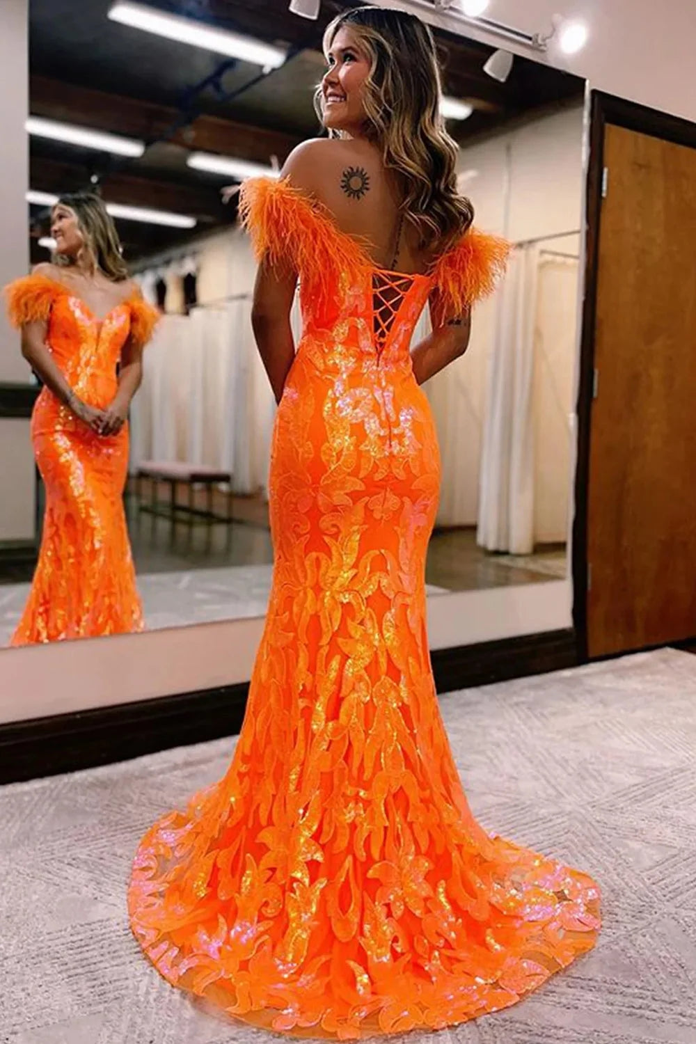 Orange Prom Dress Sequined Off the Shoulder Mermaid Long Evening Dress with Feathers